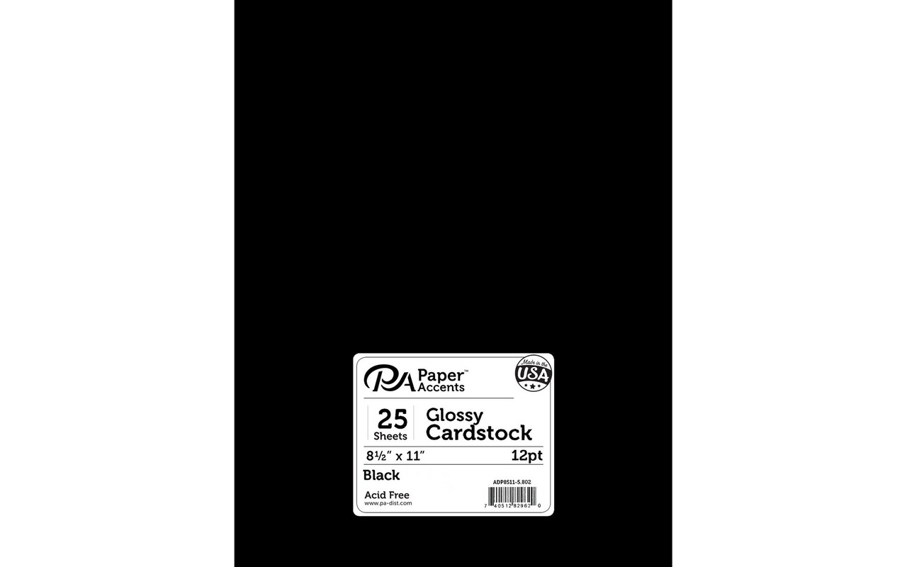 PA Paper Accents Glossy Cardstock 8.5&#x22; x 11&#x22; Black, 12pt colored cardstock paper for card making, scrapbooking, printing, quilling and crafts, 25 piece pack